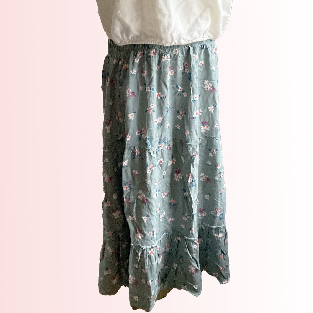 Rayon floral sage green tiered midi skirt with smocked waist by Pink Rose
